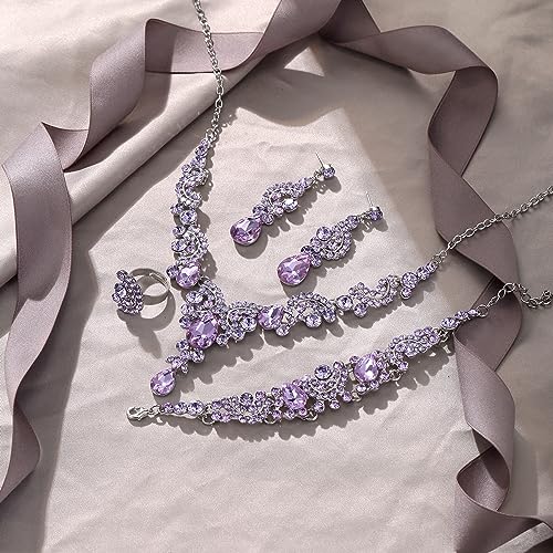 EVER FAITH Rhinestone Crystal Bridal Floral Wave Teardrop Necklace Earrings Set - color: 4pcs_Light Purple
