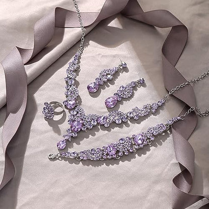 EVER FAITH Rhinestone Crystal Bridal Floral Wave Teardrop Necklace Earrings Set - color: 4pcs_Light Purple