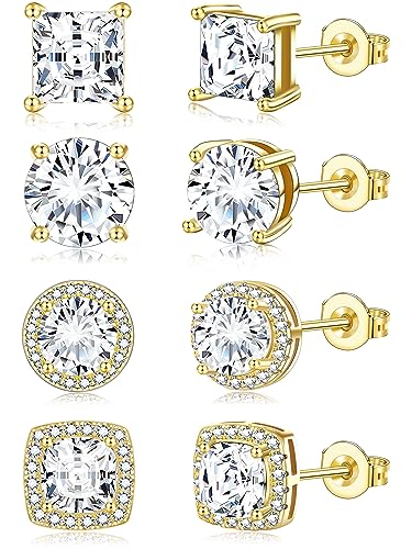 Zankulas Cubic Zirconia Stud Earrings for Women Mens Earrings Hypoallergenic Square CZ Studs Set - color: Gold