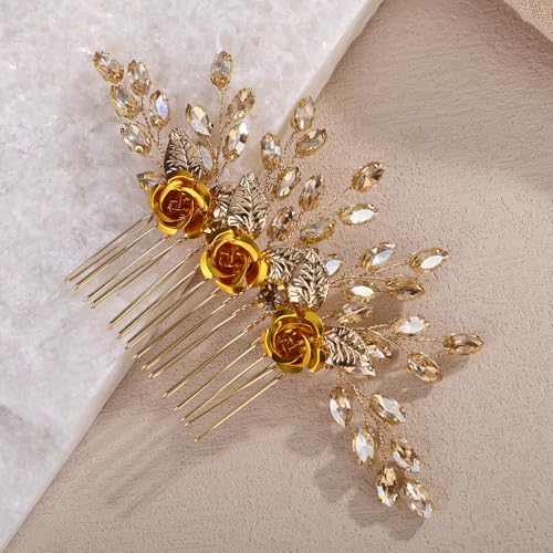 Gold Rose Flower Hair Comb with Champagne Crystal for Wedding Women Bridal Hair Accessories for Prom Speical Occasion (Champagne) - color: Champagne