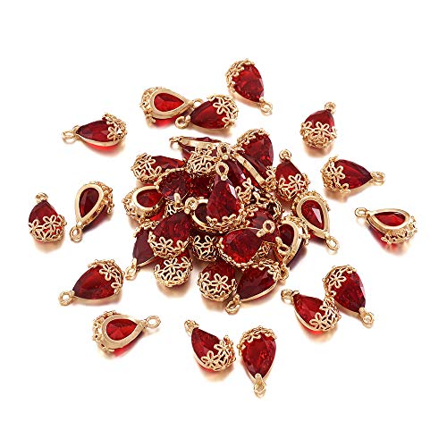 FASHEWELRY 50Pcs Faceted Transparent Glass Teardrop Pendants Crystal Glass Dangle Oval Drop Bead Charms with Golden Flower Open Back Settings for Jewelry Craft Making - color: Red