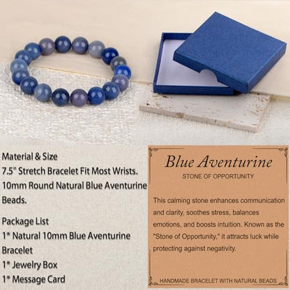 LPBeads Handmade Natural Gemstone Stretch Elastic Bracelet Healing Crystal Round Stone Beads Jewelry Gifts for Women Men - color: Blue Aventurine, size: 10mm