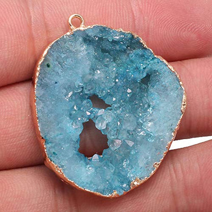 LE SKY natural stone pendant, irregular plated gold edge crystal agate stone pendant for jewelry making DIY necklace charms 25X30-35X45mm (2 Pcs) - color: blue