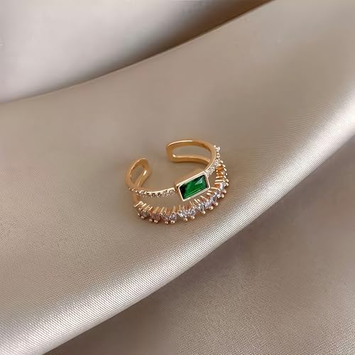 Mettclasi Women's 14K Gold Plated Stackable Ring Crystal Inlaid Dainty Trendy Cute Adjustable Open Twist Rings Jewelry Gifts - style: Square Emerald