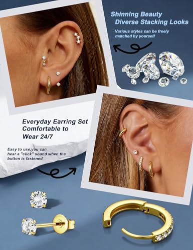 BESTEEL 7Pairs Hypoallergenic Gold Plated Earrings for Women Earring Stacks | Trendy Small Stud Huggie Hoop Earring Stacks Set Surgical Steel Cartilage Helix Jewelry for Sensitive Ears Birthday Gifts - style: G - Small
