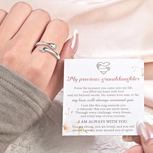 Sterling Silver Hug Ring for Women Teen Girls Adjustable Love Promise Ring Inspirational Open Rings Mothers Day Birthday Gift for Daughter Granddaughter Mom Wife Best Friend - color: Silver / Granddaughter Gift (Always with you)