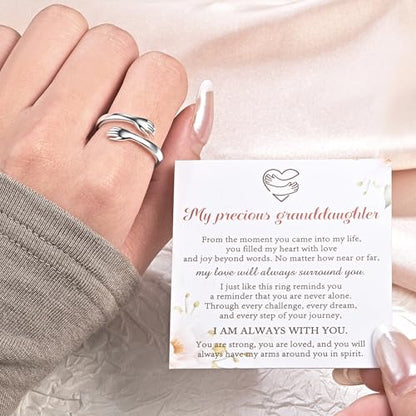 Sterling Silver Hug Ring for Women Teen Girls Adjustable Love Promise Ring Inspirational Open Rings Mothers Day Birthday Gift for Daughter Granddaughter Mom Wife Best Friend - color: Silver / Granddaughter Gift (Always with you)