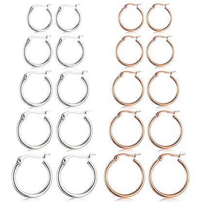 5-10 Pairs Small Gold Silver Hoop Earrings for Women, Stainless Steel Earrings Set Mens Lightweight Thin Hypoallergenic Small Hoops Set - style: 10pcs-R+S 8-16mm