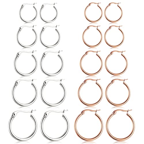 5-10 Pairs Small Gold Silver Hoop Earrings for Women, Stainless Steel Earrings Set Mens Lightweight Thin Hypoallergenic Small Hoops Set - style: 10pcs-R+S 8-16mm