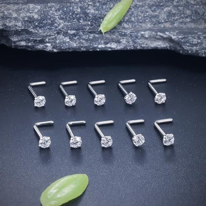 ASTM F136 Titanium Nose Rings 18G 20G 22G Clear Cubic Zirconia Nose Studs Ring Screw L-Shaped Bone Hypoallergenic Body Piercing Jewelry for Women 1.5mm 2mm 2.5mm 3mm 10PCS - style: L-Shaped:20G(0.8mm)-2.5mm CZ