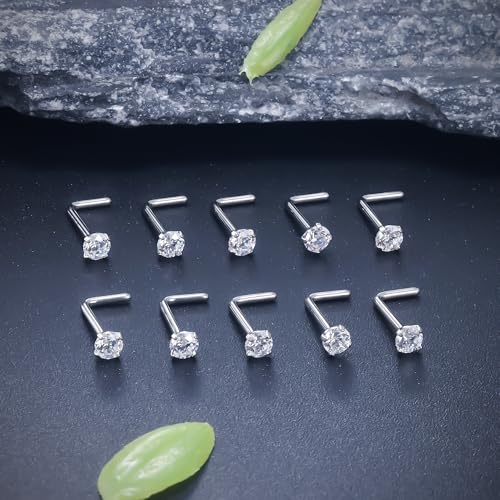 ASTM F136 Titanium Nose Rings 18G 20G 22G Clear Cubic Zirconia Nose Studs Ring Screw L-Shaped Bone Hypoallergenic Body Piercing Jewelry for Women 1.5mm 2mm 2.5mm 3mm 10PCS - style: L-Shaped:18G(1.0mm)-2.5mm CZ