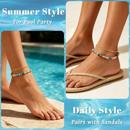 Ankle Bracelet for Women Natural Stone Colorful Beaded Boho Layered Anklet 14K Gold Plated Adjustable Beads Chain 2Pcs Anklets Set Handmade Summer Beach Jewelry - color: Irregular Chips