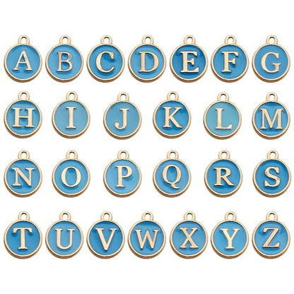 A-Z Letter Charms Round Enamel Alphabet Initial Pendant for Jewelry Making,Double-Side for Necklace Bracelet Earring DIY Craft - color: 1 set(26pcs)-Blue