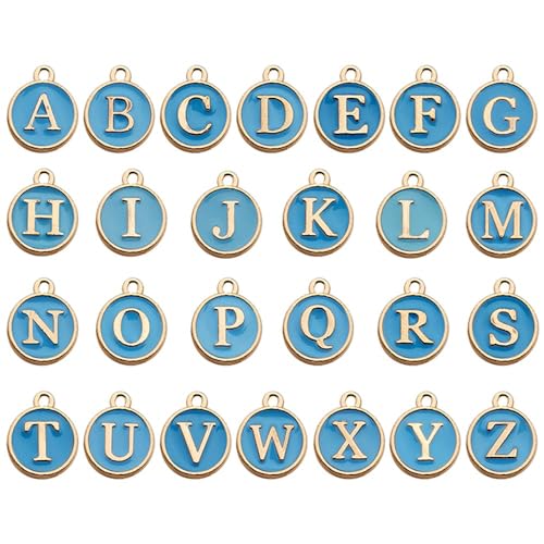 A-Z Letter Charms Round Enamel Alphabet Initial Pendant for Jewelry Making,Double-Side for Necklace Bracelet Earring DIY Craft - color: 1 set(26pcs)-Blue