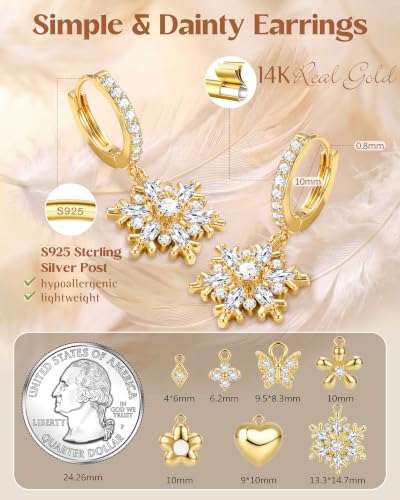 FIBO STEEL 14K Gold Plated Hoop Earrings with Charms for Women Huggie Hoops | Hypoallergenic 925 Sterling Silver Post Dangle Earrings Small Silver Gold Hoops Earring Cubic Zirconia Dangle Drop Jewelry - color: Snowflake - 14K Gold Plated