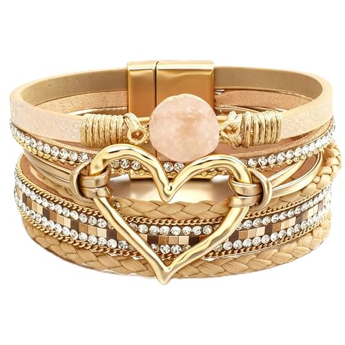 Leather Wrap Bracelets for Women, Boho Leopard Multi-Layer Crystal Beads Cuff Jewelry - color: J-Warp-015