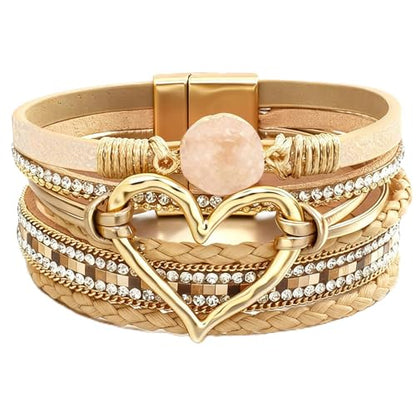 Leather Wrap Bracelets for Women, Boho Leopard Multi-Layer Crystal Beads Cuff Jewelry - color: J-Warp-015