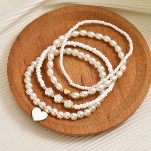 Pearl Bracelets for Women Simulated Pearl Beaded Bracelet White Pearls Stackable Stretch Bracelet Set Multilayered Elastic Pearls Bracelets for Women Bridesmaid Bridal Jewelry - color: white heart