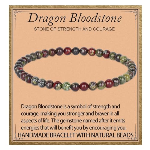 LPBeads Handmade Natural Gemstone Stretch Elastic Bracelet Healing Crystal Round Stone Beads Jewelry Gifts for Women Men - color: Dragon Bloodstone, size: 4mm
