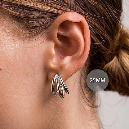 Chunky Gold Hoop Earrings for Women 14k Gold Plated Thick Triple Earrings | Hypoallergenic Trendy Chunky Gold Hoops Earrings,Dainty Jewelry Gifts for Women - style: Silver Triple-Layer Overlap Earrings (Small)