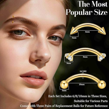 3PCS 16G 18G G23 Pure Titanium Eyebrow Piercing for Women Men Curved Barbell Tiny Eyebrow Ring Vertical Labret Lip Jewelry Internally Threaded Rook Helix Conch Daith Piercing Jewelry - color: Gold, size: 16G