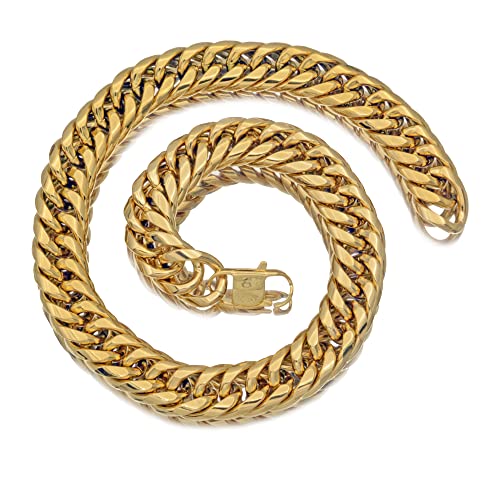 Men Curb Chain Necklace Stainless Steel/sliver/black/gold Chunky Double Tight Cuban Link Hip Hop Neck Chains for Men,width:22MM 18inch-32inch 8 Length Options - color: gold, size: 24