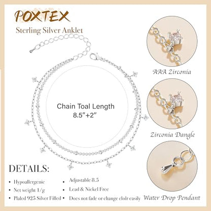 Gold/Sterling Silver Anklet Bracelets for Women Waterproof, Non Tarnish 925 Sterling Sliver Plated Heart Evileye Butterfly Charm, Dainty Summer Beach Anklets for Women, Beach Vacation Bikini Outfits for Her Mom - style: CZ-Silver