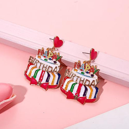 Birthday Earrings for Women Happy Birthdays Earrings Statement Cake Champagne Bottle Earring Happy Birthdays Dangle Earring Birthday Gifts Party Favors - color: Cake