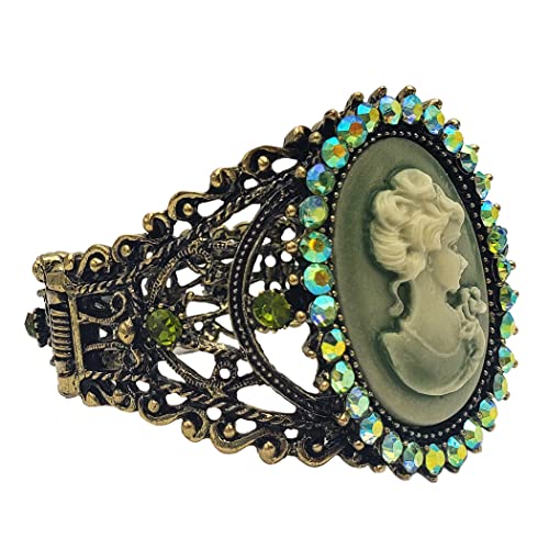 Rosemarie & Jubalee Women's Stunning Vintage Inspired Burnished Gold Statement Victorian Elegance Metal Frame Hinged Cuff Bangle Bracelet, 6.75" - style: Green Cameo