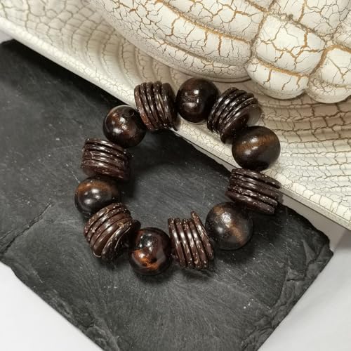 Caiyao Bohemian Wooden Round Beaded Chunky Stretch Bracelet Ethnic Boho Bangle Coconut Husk Beads Jewelry Wood Elastic Wristband for Women
