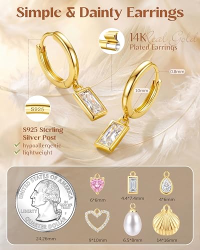 FIBO STEEL 14K Gold Plated Hoop Earrings with Charms for Women Huggie Hoops | Hypoallergenic 925 Sterling Silver Post Dangle Earrings Small Silver Gold Hoops Earring Cubic Zirconia Dangle Drop Jewelry - color: Baguette - 14K Gold Plated