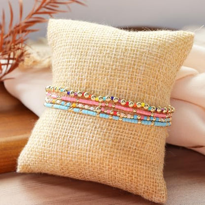 Colorful Seed Beaded Stack Bracelets Set for Women, 4Pcs Cute Dainty Boho Handmade Gold Beads Stackable Stretch Friendship Bracelet Prom Jewelry Gift.