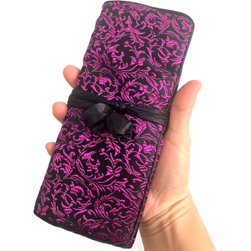Embroidery Travel Jewelry Roll Bag, Western Floral Embroidered Brocade Jewelry Organizer, Portable Tie Closure Jewelry Pouch Storage Case for Women (Black) - color: 08 Black