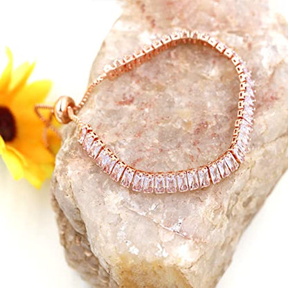 Uloveido Classic Emerald Cut Rectangular Cubic Zirconia Eternity Tennis Bracelet Adjustable for Women Y1788 - color: Rose Gold-white