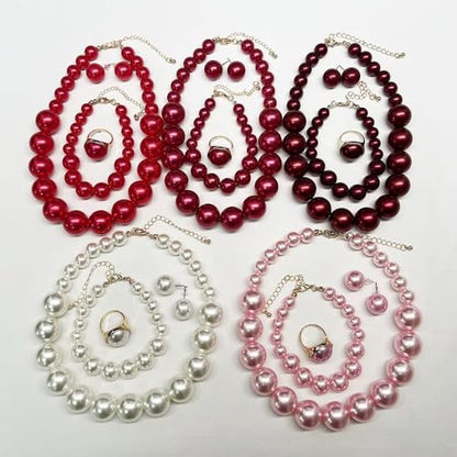 Chunky Beaded Jewelry Set, Necklace Earrings Bracelet Ring for Women Party | Simulated pearl jewelry set, necklace earrings bracelet & ring. Elegant chunky beaded, ideal gift for wedding and daily wear. - color: Dark Red