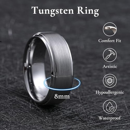 King Will Classic Tungsten Wedding Band for Men, 6/7/8/9/10mm Widths, Polished Finish Step Edge Matte Rings Comfort Fit - color: 6mm+8mm Silver