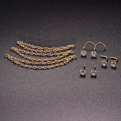 Nose Ring Chain Across Nose Black Stainless Steel Nostril Nose Piercing Chain with Cubic Zirconia Nose Screw Bone L-Shaped Ring for Women Body Piercing Nostril Jewelry with Bridge Chain - color: Gold-Double Nose Chain Studs