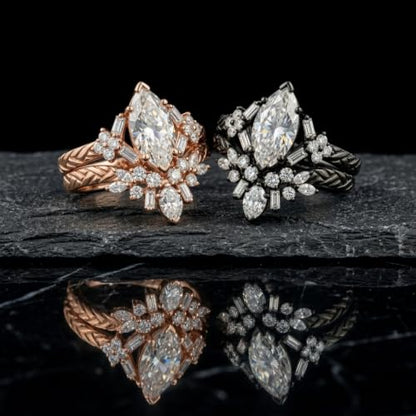 1-3CT Marquise Lab Grown Diamond Vintage Leaf Bridal Ring Set | IGI Lab Grown Diamond Art Deco Olive Leaf Stackable Ring Set, Wedding Gift for Bride Proposal Anniversary