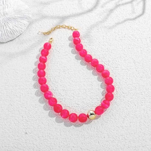 Chunky Beaded Necklace for Women Boho Statement Bead Necklace | Adjustable, Lightweight Choker, Round/Oval/Pebble Beads, Trendy Summer Beach Jewelry - color: Hot Pink-B
