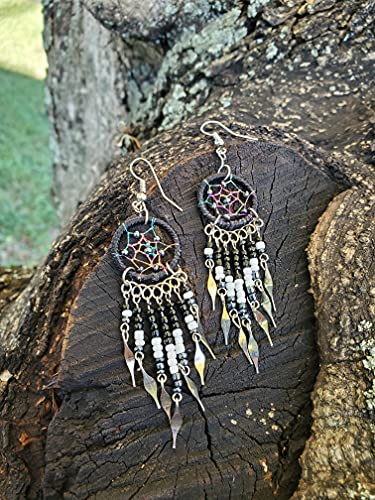 Beaded Dreamcatcher Earrings for Women, Long Boho Fringe Dangle Earrings, Lightweight Colorful Statement Jewelry, Handmade - color: Black & White