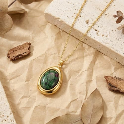 Colorful Natural Stone Necklaces for Women Trendy 14K Gold Plated Oval Gemstone Pendant Statement Necklace Jewelry Gifts for Women - color: Green