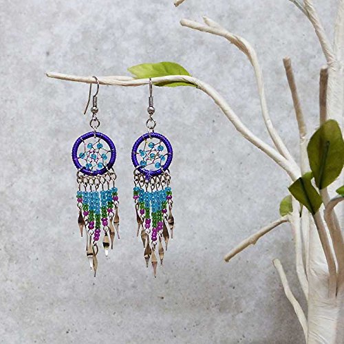 Beaded Dreamcatcher Earrings for Women, Long Boho Fringe Dangle Earrings, Lightweight Colorful Statement Jewelry, Handmade - color: Purple, Turquoise & Green