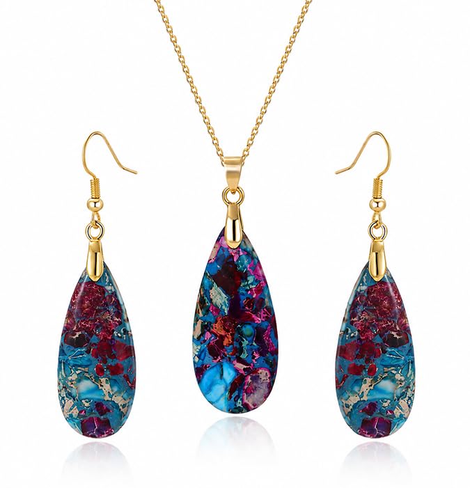Natural Healing Stone Necklaces for Women Boho Crystal Drop Earrings Set Unique Emperor Stone Pendant Necklace for Birthday Party Jewelry Gift - color: Rainbow Blue - Gold Hook