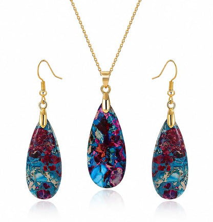 Natural Healing Stone Necklaces for Women Boho Crystal Drop Earrings Set Unique Emperor Stone Pendant Necklace for Birthday Party Jewelry Gift - color: Rainbow Blue - Gold Hook