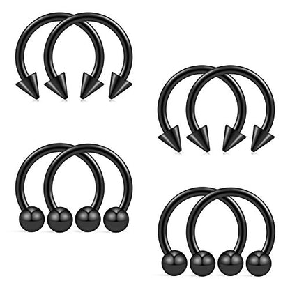 316L Surgical Steel Ball&Spike Horseshoe Nose Septum Piercing Ring CBR 16G - style: 8pcs Black 8mm