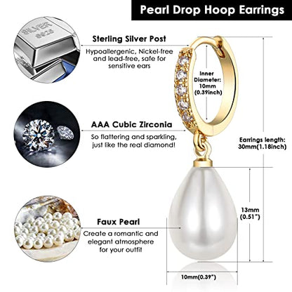 CERSLIMO Pearl Drop Earrings for Women | S925 Sterling Silver Post Simulated Shell Pearl Hoop Dangle Earrings, Hypoallergenic Cubic Zirconia Huggies Earrings Bridesmaid Jewelry - style: 02 Gold-Teardrop