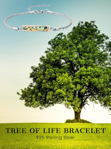 Waves/Tree of Life/Mushrooms/Moon Phase/Butterfly/Hummingbird Bracelet/Anklet 925 Sterling Silver Adjustable Abalone Shell Bar Bracelet/Anklet Summer Jewelry Gifts for Women - color: Tree of Life, size: Bracele 7"+2"