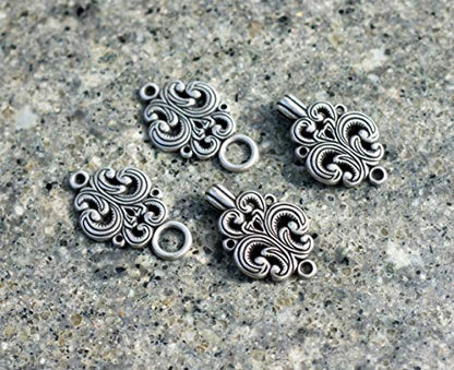 bezelry 6 Pairs Rococo Swirl Flower Cape or Cloak Clasp Fasteners. Sew On Hooks and Eyes Cardigan Clip. 65mm Fastened. - color: Antique Silver