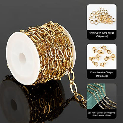 UMAOKANG Gold Plated Necklace Chains for Jewelry Making, 304 Stainless Steel Paperclip Chain Bulk with Lobster Clasps and Open Jump Rings Jewelry DIY Supplies - color: Gold Rolo