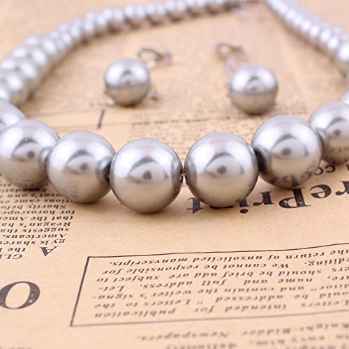 Handmade Faux Pearl Necklace and Clip on Earrings Jewelry Sets for Women Bib Choker Collar Necklace - color: Grey-Necklace+Tassel Clip Earrings